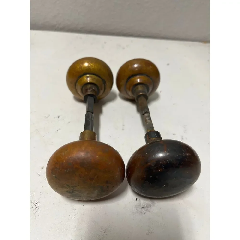 (2) - Vintage Brass Mushroom Shaped Door Knob Set Antique Early 1900s